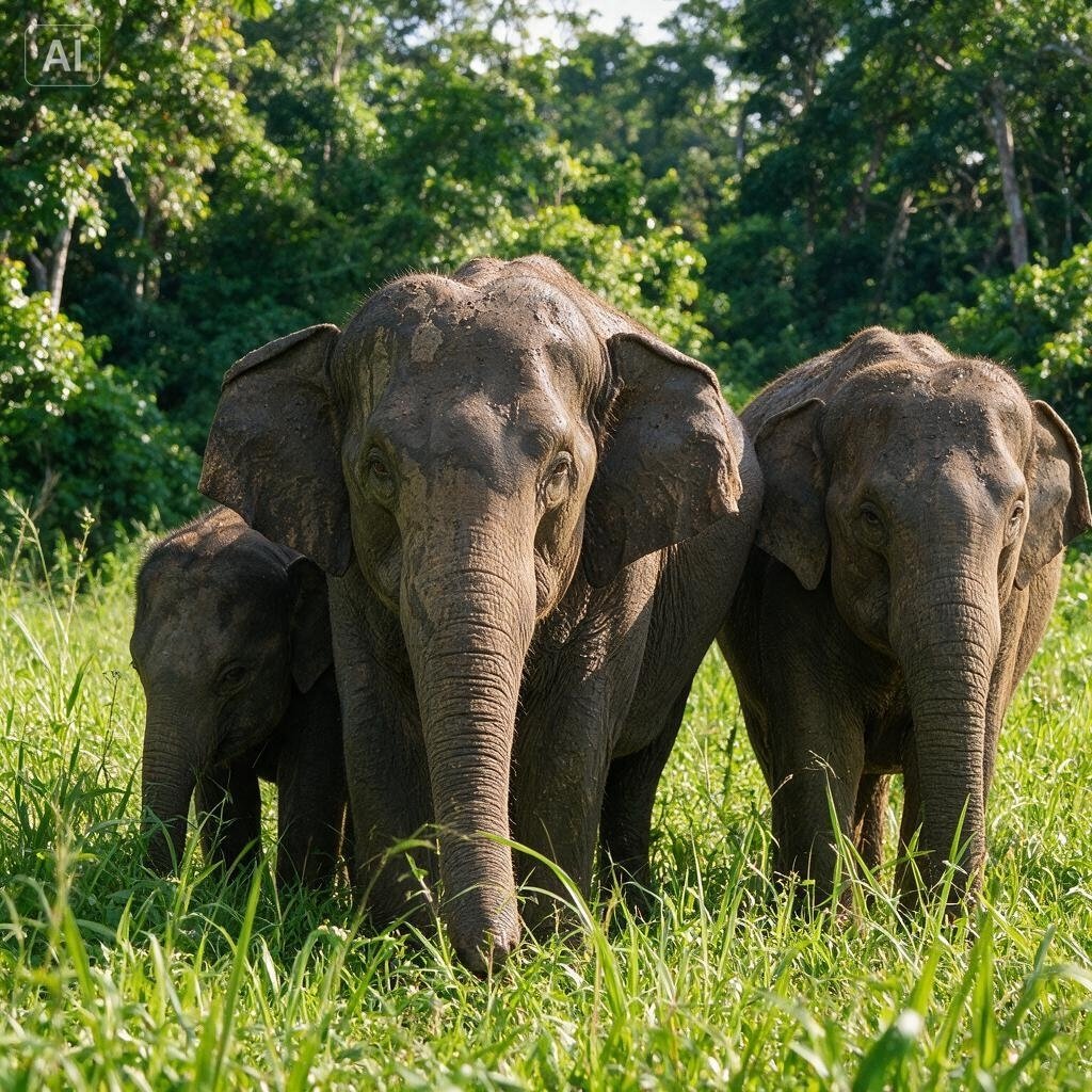 Wild elephant family in Sri Lanka national park